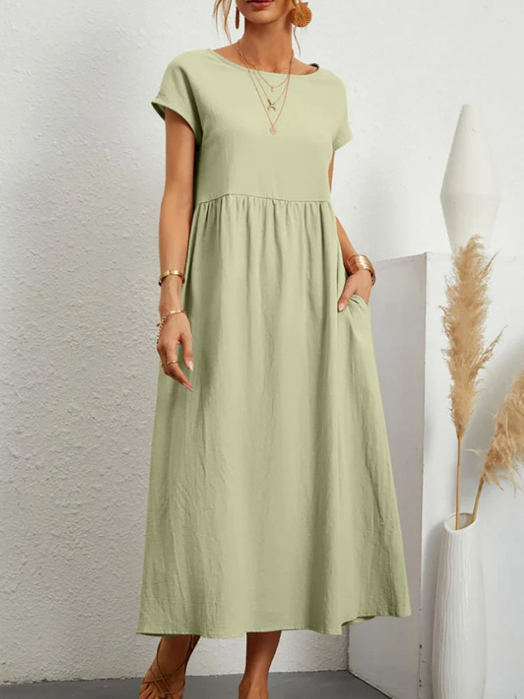 VELANORA elegante vestito di lino nero con scollo a o