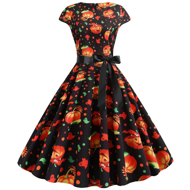 Anita | Midi-Kleid mit Geist und Halloween-Kürbis