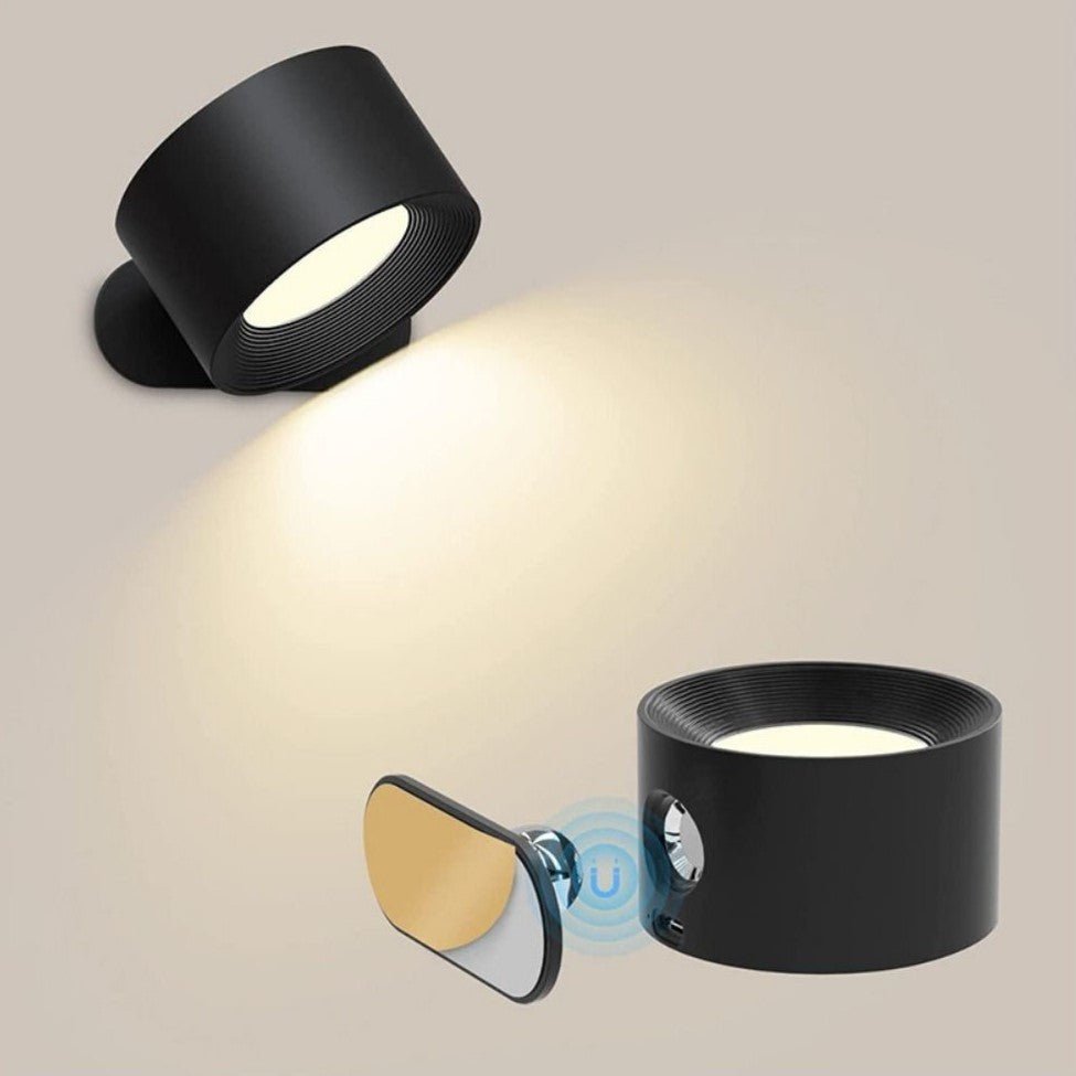 Zwarte draadloze wandlamp van Aurora Glow met een modern cilindrisch ontwerp en verstelbare verlichting. De lamp is voorzien van een innovatieve afneembare reflector voor gerichte of diffuse lichtinval. Perfect voor het creëren van een warme, sfeervolle ambiance in elke ruimte.