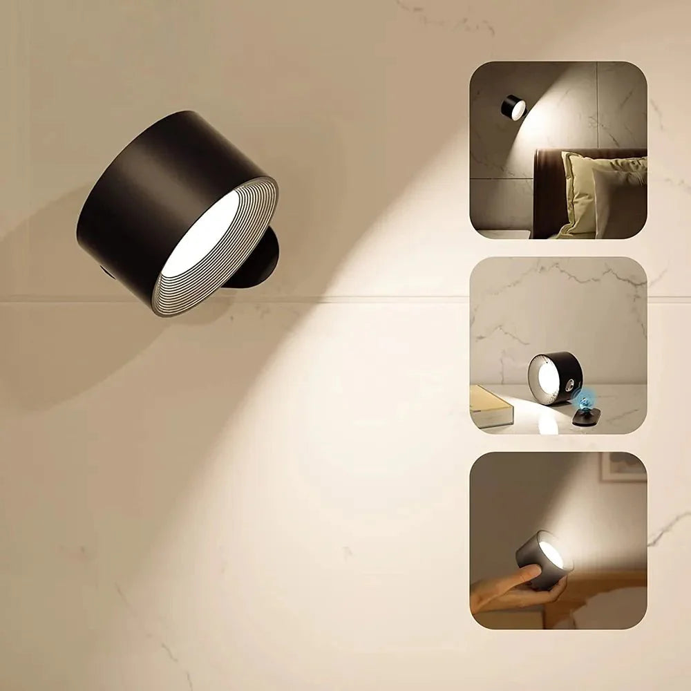 Aurora Glow draadloze wandlamp in stijlvol zwart, met een modern cilindervormig ontwerp. De lamp biedt veelzijdige toepassingen, waaronder sfeervolle wandverlichting, een draagbare functie en accentverlichting. Ideaal voor slaapkamers, werkruimtes en moderne interieurs.