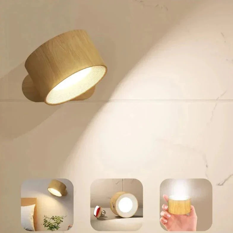 Aurora Glow draadloze wandlamp met een elegante houtnerfafwerking, perfect voor een warme en natuurlijke uitstraling in uw interieur. Deze veelzijdige lamp kan gebruikt worden als wandlamp, tafellamp of draagbare lichtbron. Ideaal voor sfeervolle verlichting in woon- of slaapkamers.