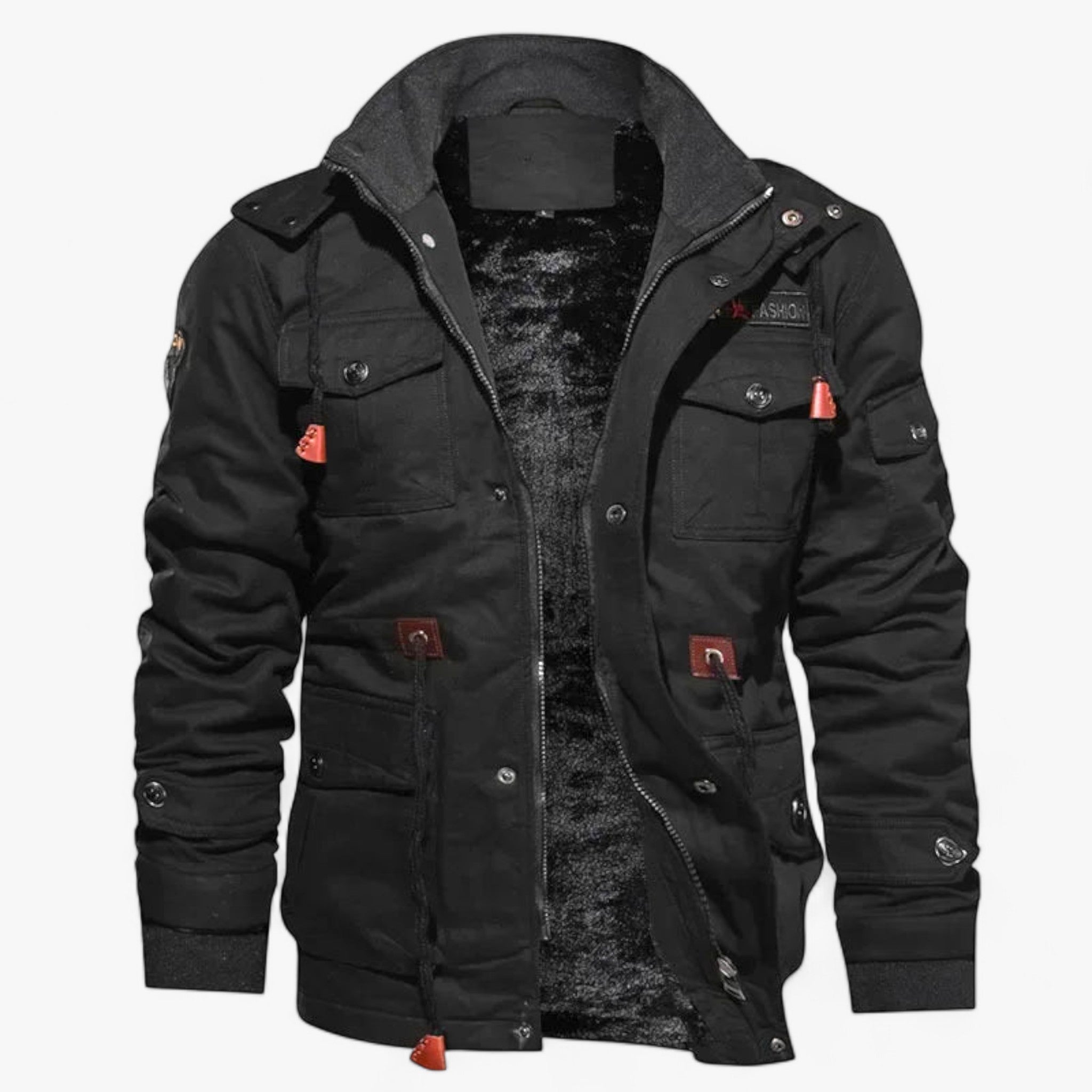 Afbeelding van het Bamox bomberjack in zwart. Het jack heeft een stoere uitstraling met meerdere zakken, knopen en ritssluitingen. De opvallende oranje accenten op de ritstrekkers en knopen geven het een trendy look. De binnenkant is gevoerd met zacht en warm materiaal, ideaal voor koude dagen. De hoge kraag en verstelbare manchetten bieden extra bescherming tegen wind en kou.