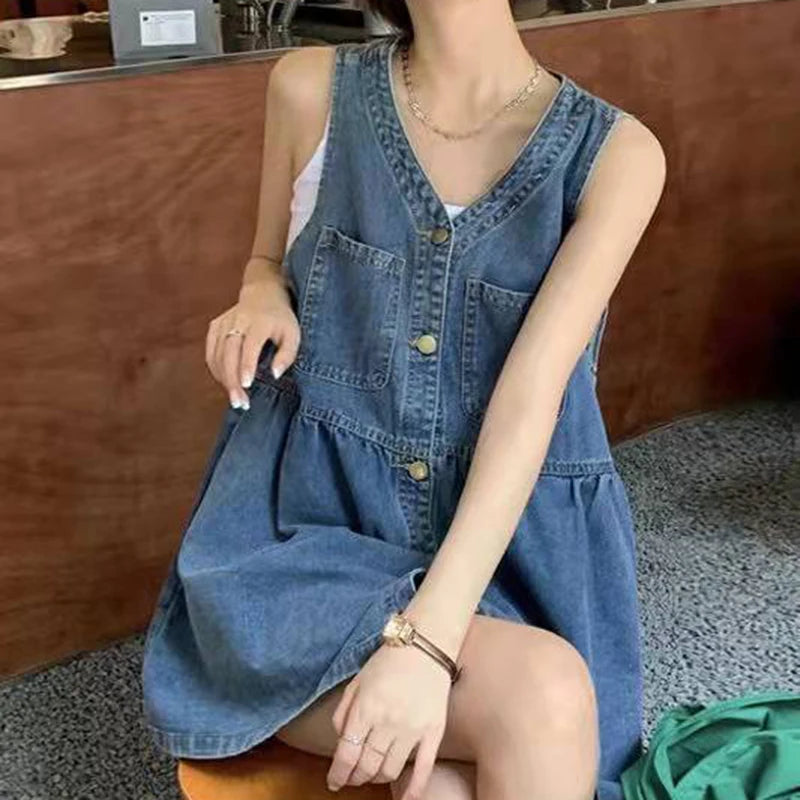 Biyaby Denim Strap Jurk