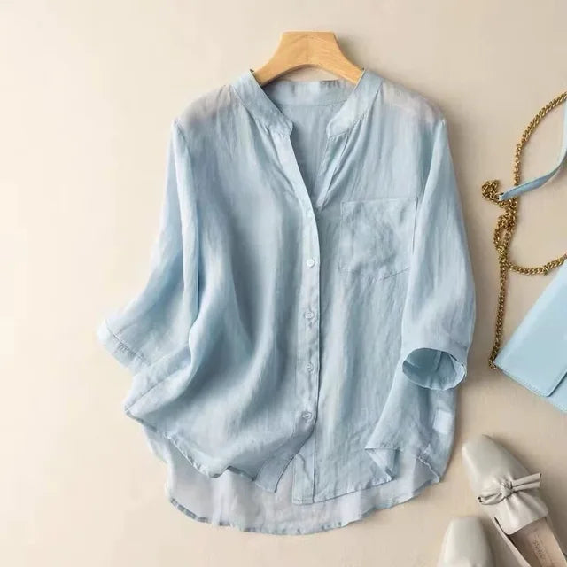 Stijlvolle Dames Katoenen Lichte V-Hals Blouse