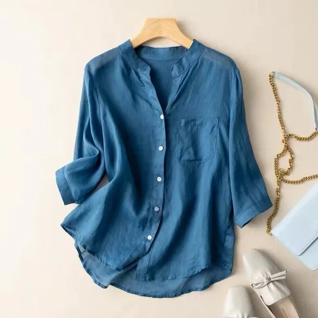 Stijlvolle Dames Katoenen Lichte V-Hals Blouse