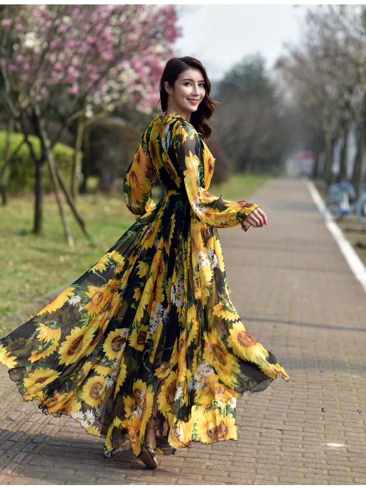 GoldenAura Bloemen Gedrukte Maxi Jurk