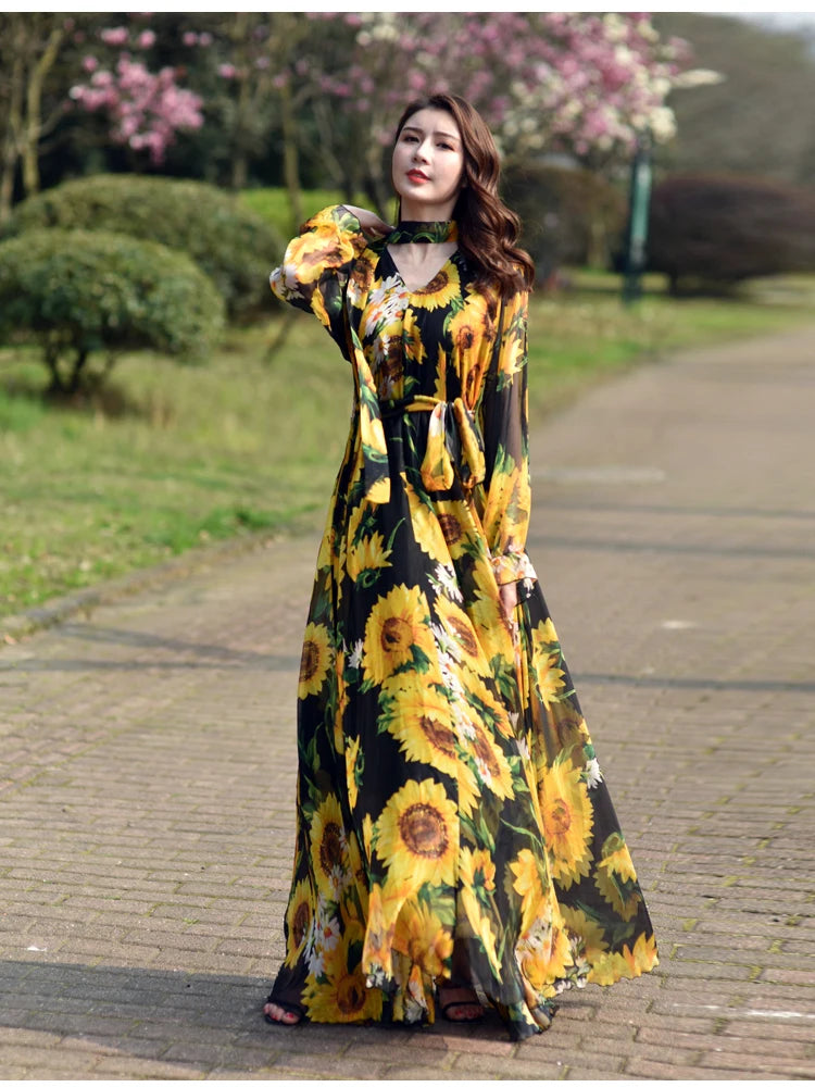 GoldenAura Vestito Maxi Stampato a Fiori