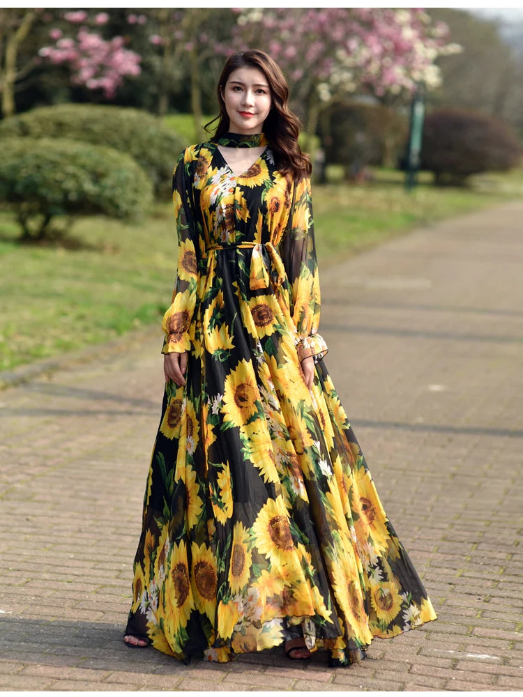 GoldenAura Bloemen Gedrukte Maxi Jurk
