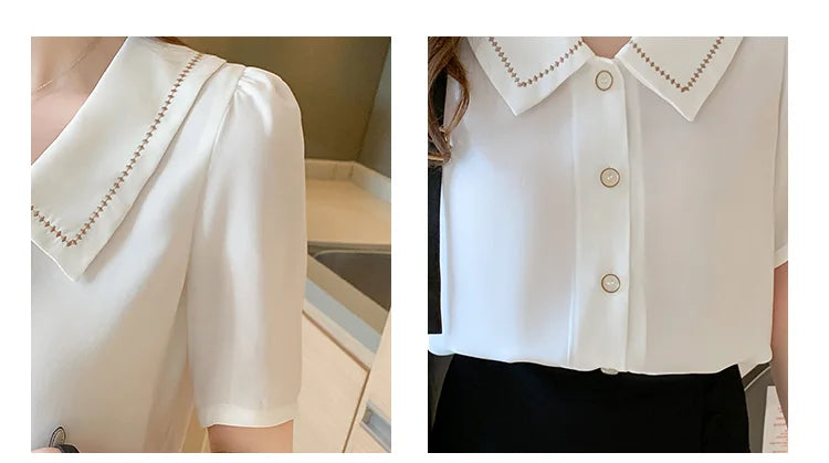 Sommerliche weiße Chiffonbluse mit kurzen Ärmeln