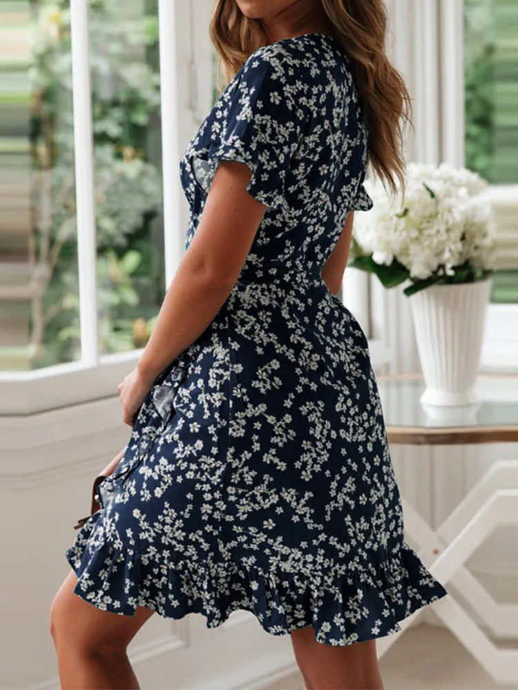 ZonnigDamen Sommerliche Blumenmuster Rüschen Mini Kleid