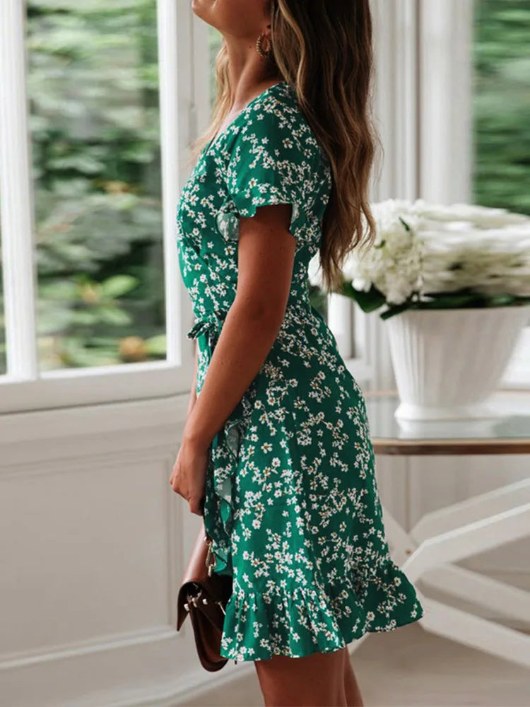 ZonnigDamen Sommerliche Blumenmuster Rüschen Mini Kleid