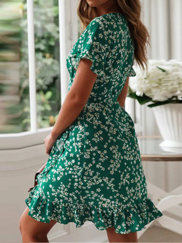 ZonnigDamen Sommerliche Blumenmuster Rüschen Mini Kleid