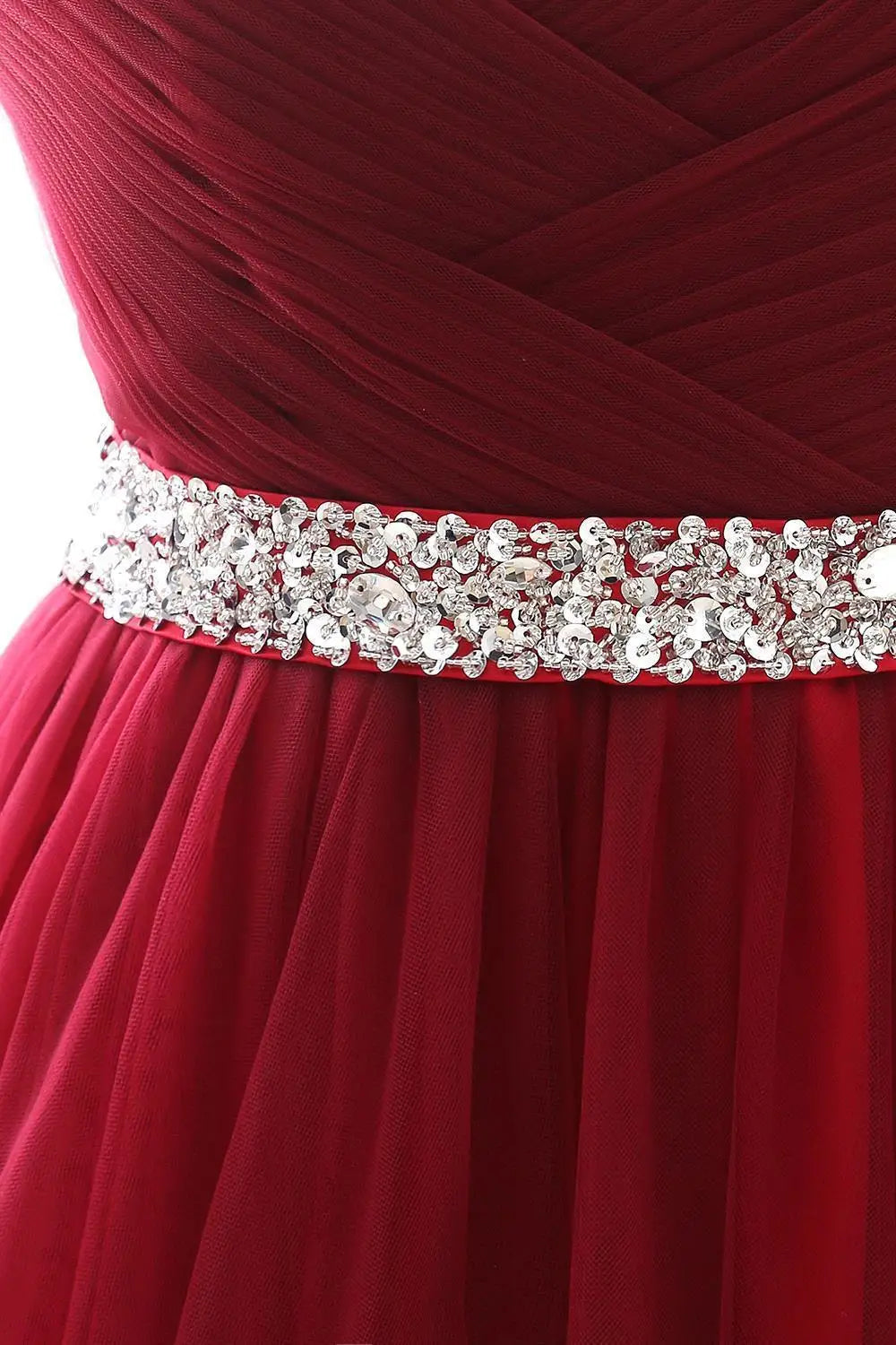 Enchanting Bordeaux Red Tulle Evening Dress with Lace and Crystals