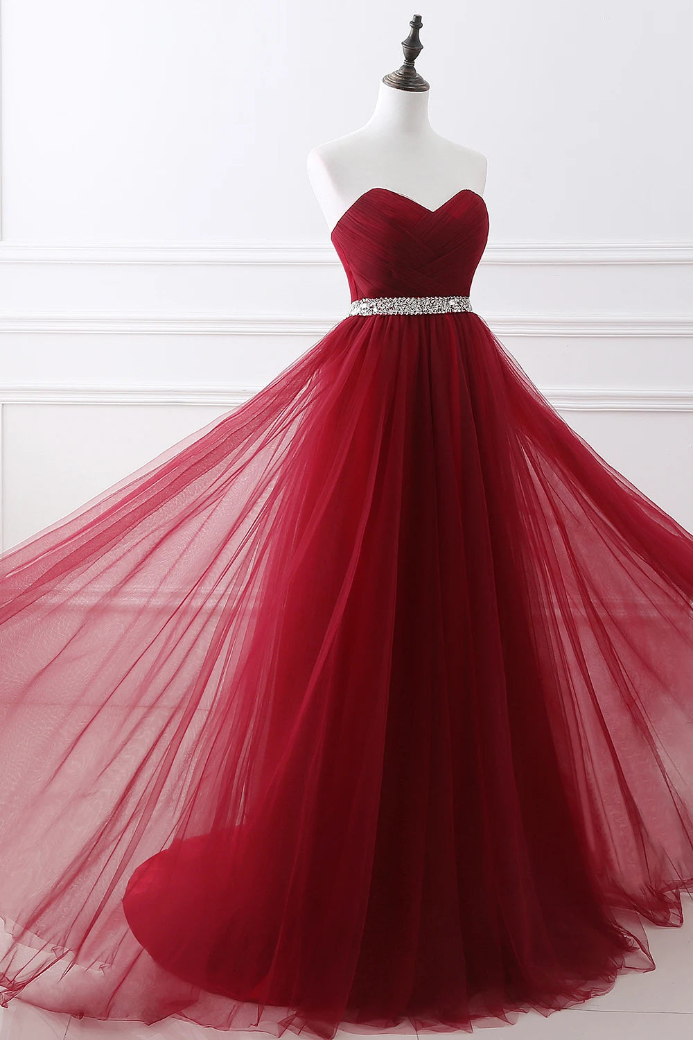 Enchanting Bordeaux Red Tulle Evening Dress with Lace and Crystals