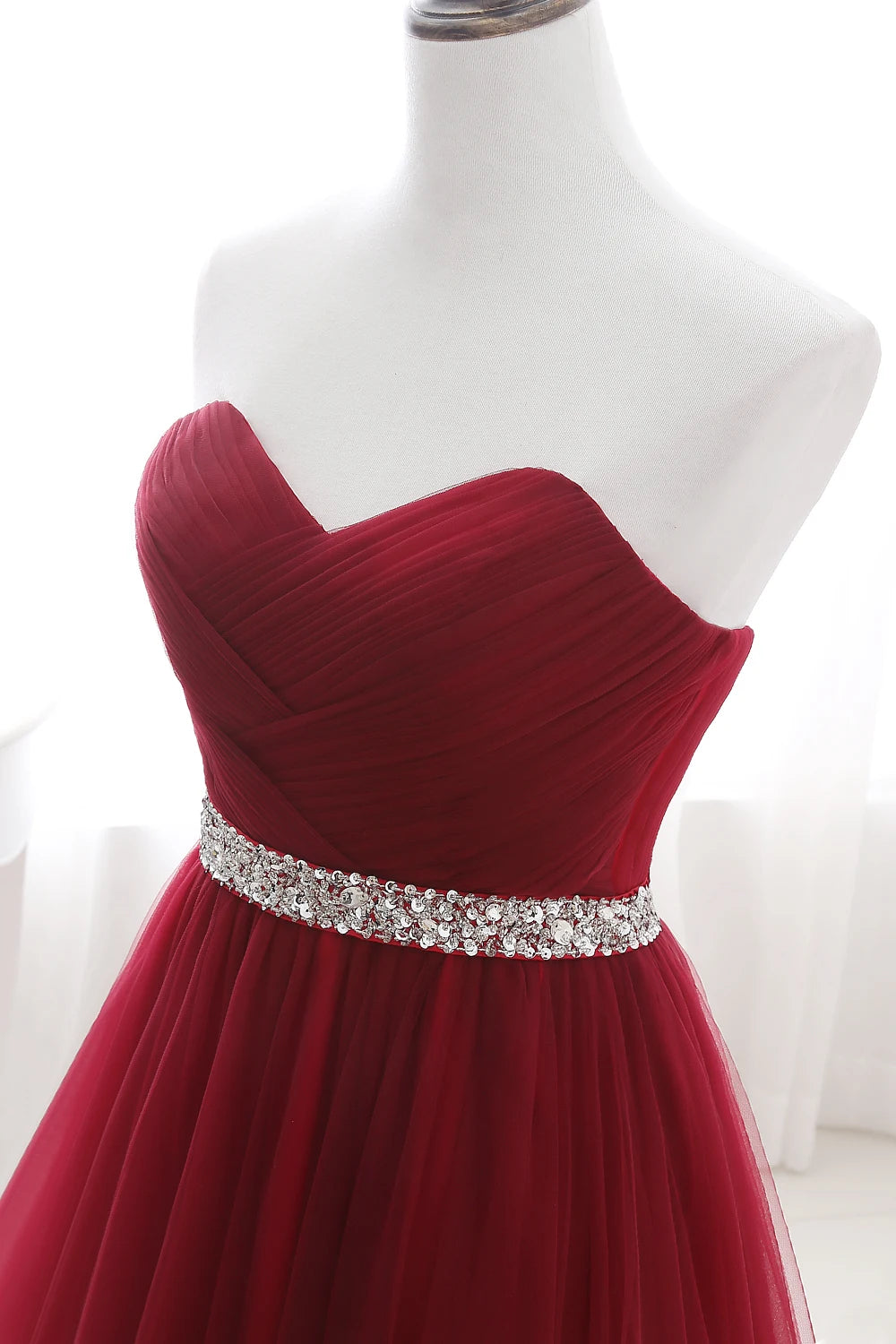Enchanting Bordeaux Red Tulle Evening Dress with Lace and Crystals
