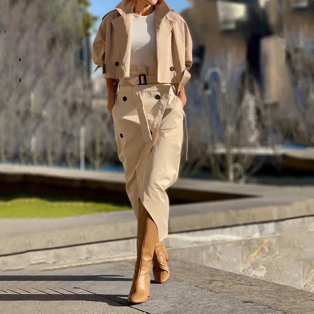LuxeLade Elegante Knoopriem Jurk Set met Splitrok