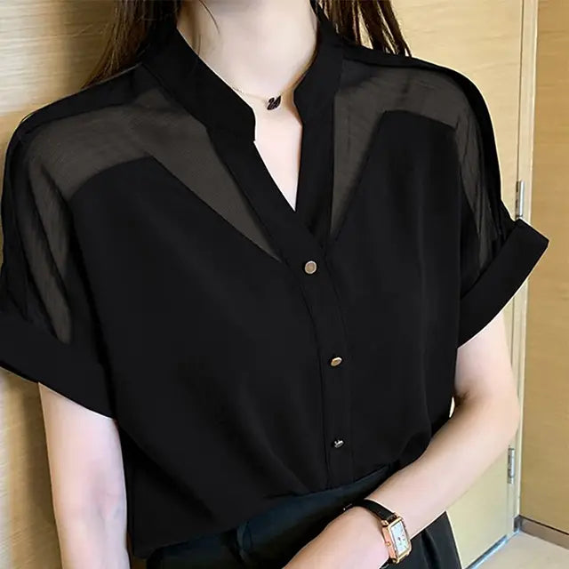 Elegante Sommer Chiffon Bluse - Weibliches Transparente Einsatz Detail
