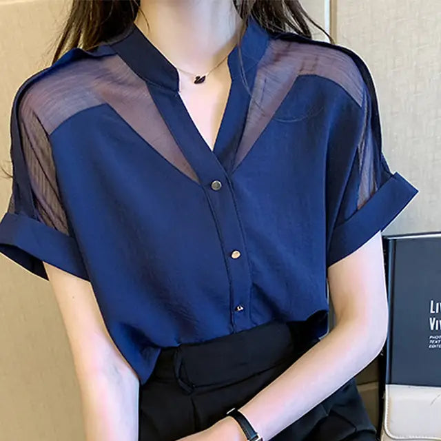 Elegante Sommer Chiffon Bluse - Weibliches Transparente Einsatz Detail