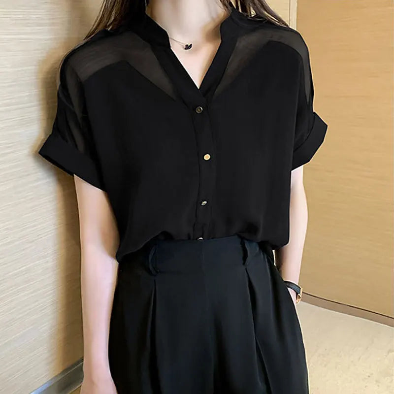 Elegant Summer Chiffon Blouse - Feminine Sheer Spliced Detail
