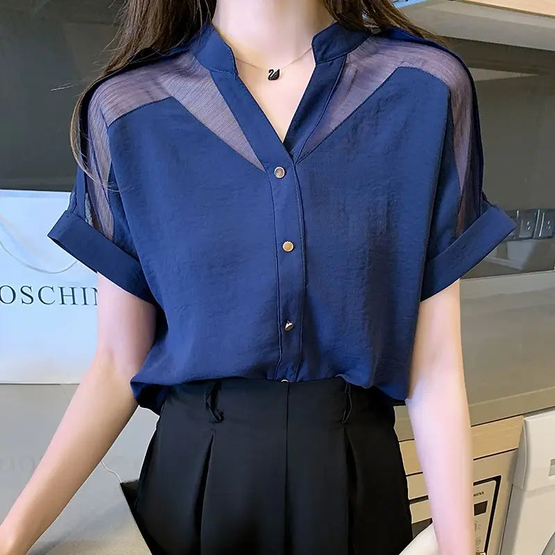 Elegant Summer Chiffon Blouse - Feminine Sheer Spliced Detail