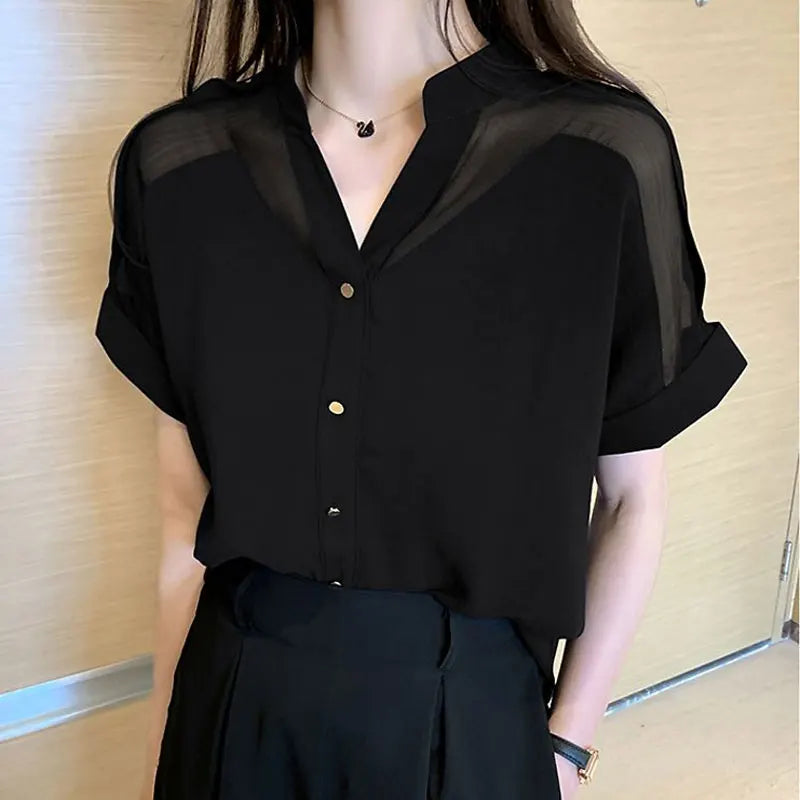 Elegant Summer Chiffon Blouse - Feminine Sheer Spliced Detail