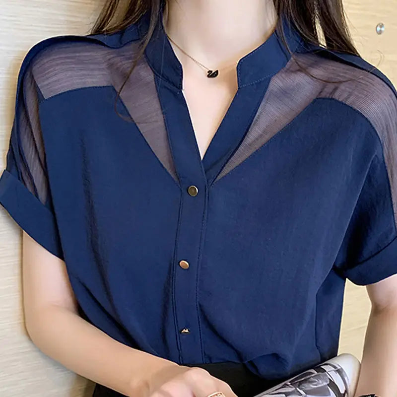 Elegant Summer Chiffon Blouse - Feminine Sheer Spliced Detail