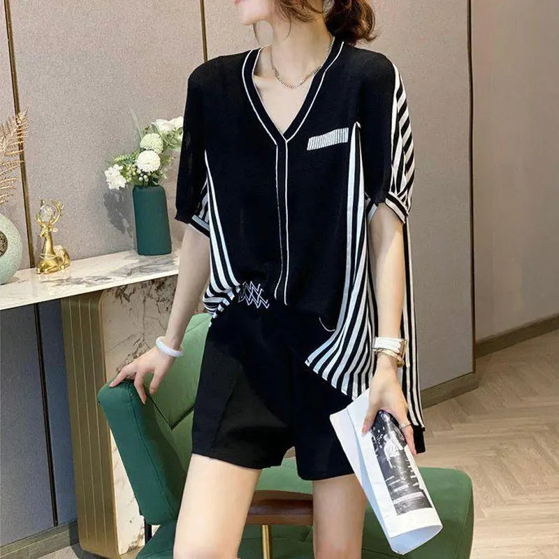 Aurora Casual Loose Striped V-neck Shirts
