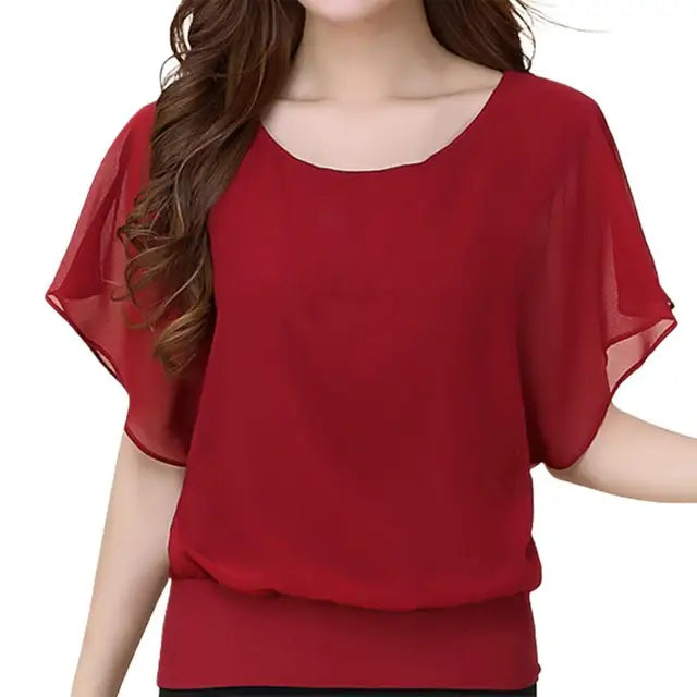 Chique Chiffon Bluse - Damenoberteil in Einfarbiger Farbe mit Fledermausärmeln und Rüschen
