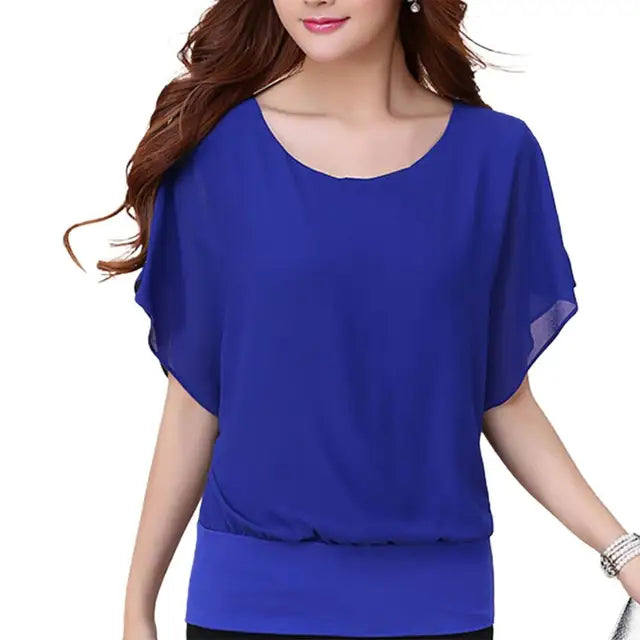 Chique Chiffon Bluse - Damenoberteil in Einfarbiger Farbe mit Fledermausärmeln und Rüschen