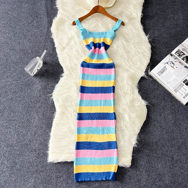 Stilvolles Sommerliches Regenbogen Maxi Kleid