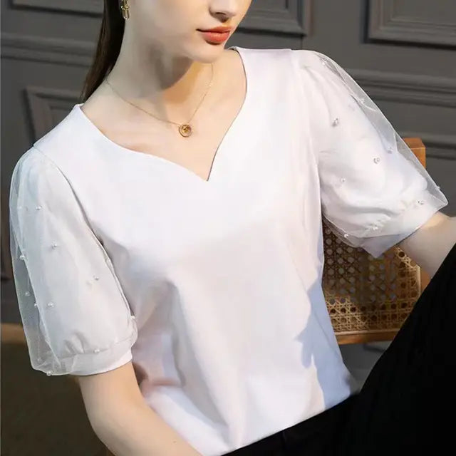 Bellissima Chic Camicia con Scollo a V a Cuore Pesca Perlacea per la Donna Moderna!