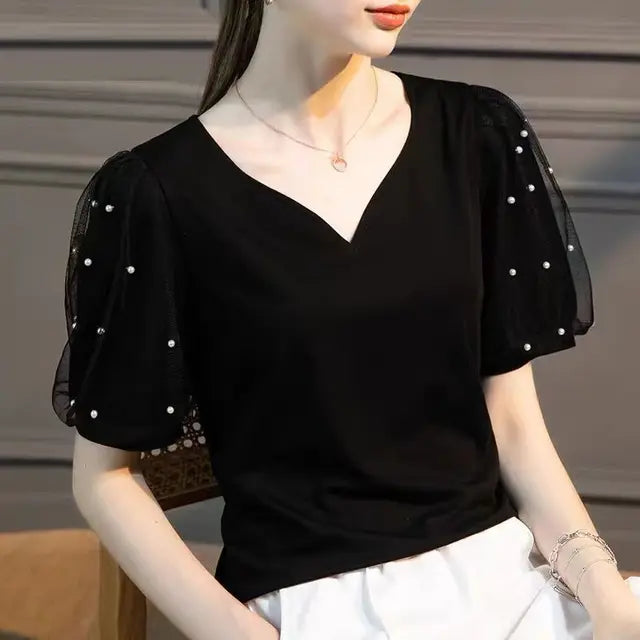 Bellissima Chic Camicia con Scollo a V a Cuore Pesca Perlacea per la Donna Moderna!