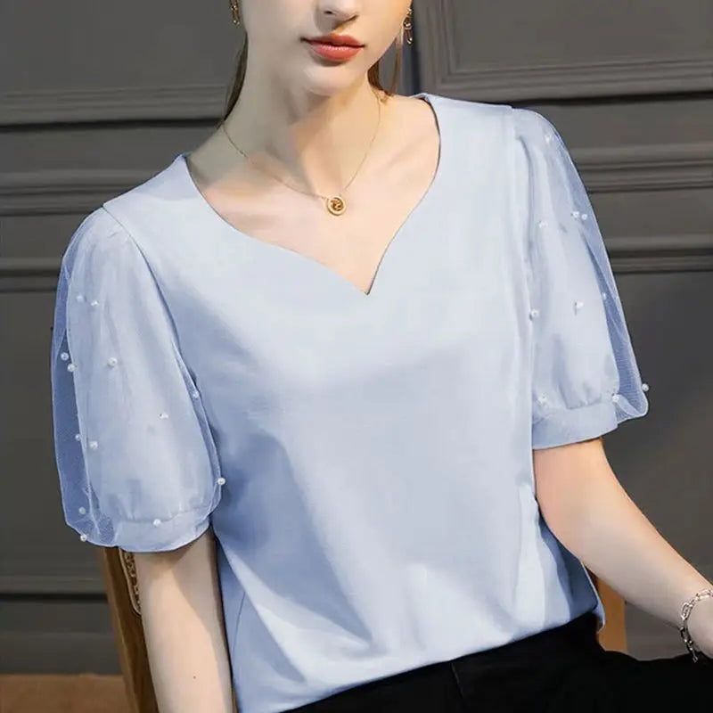 Bellissima Chic Camicia con Scollo a V a Cuore Pesca Perlacea per la Donna Moderna!