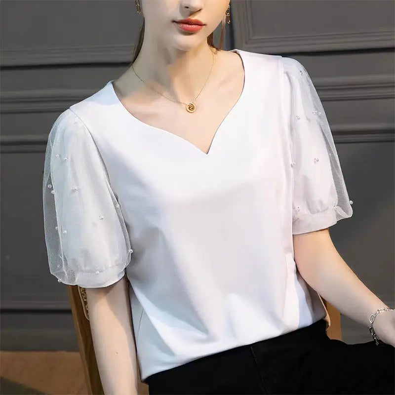 Bellissima Chic Camicia con Scollo a V a Cuore Pesca Perlacea per la Donna Moderna!