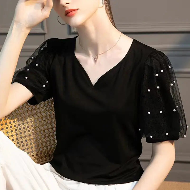 Bellissima Chic Camicia con Scollo a V a Cuore Pesca Perlacea per la Donna Moderna!