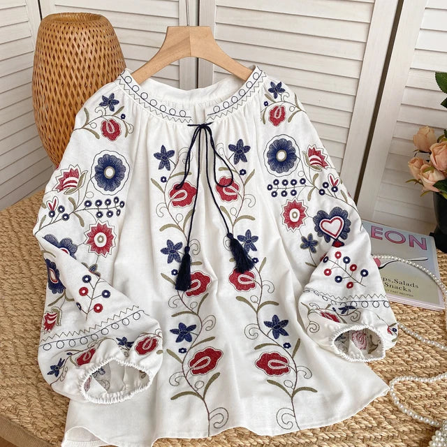 Lantern Sleeve Blouse with Sweet Floral Embroidery