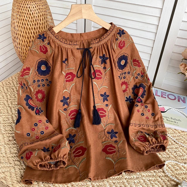 Lantern Sleeve Blouse with Sweet Floral Embroidery