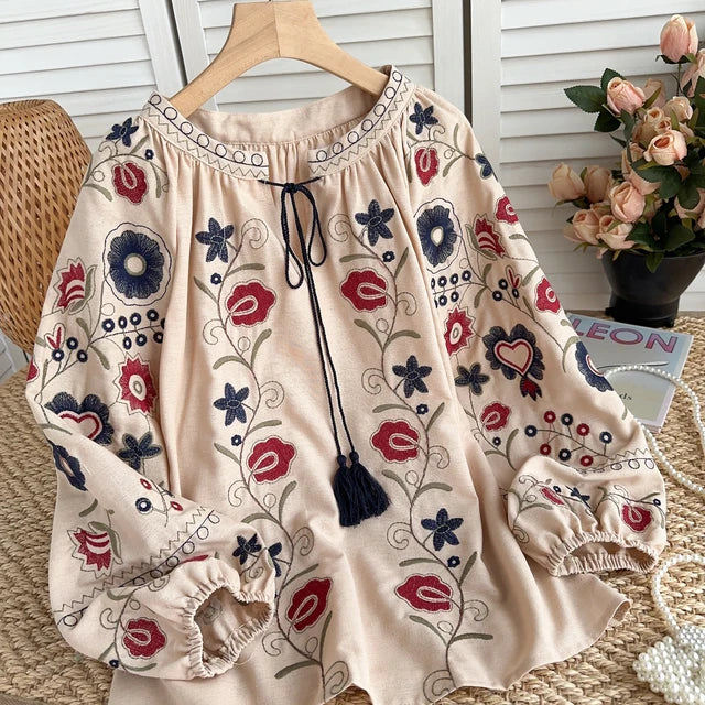 Lantern Sleeve Blouse with Sweet Floral Embroidery