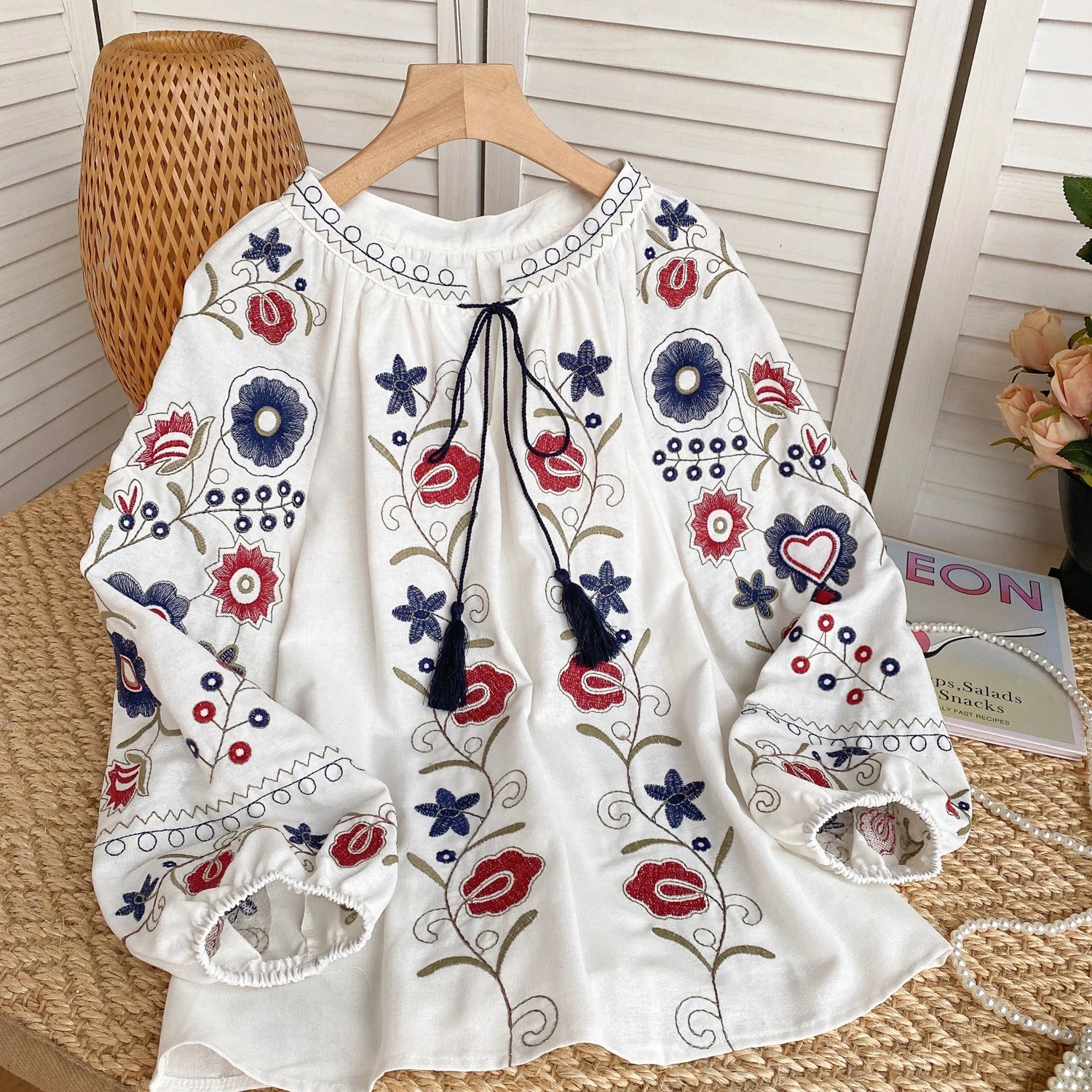Lantern Sleeve Blouse with Sweet Floral Embroidery
