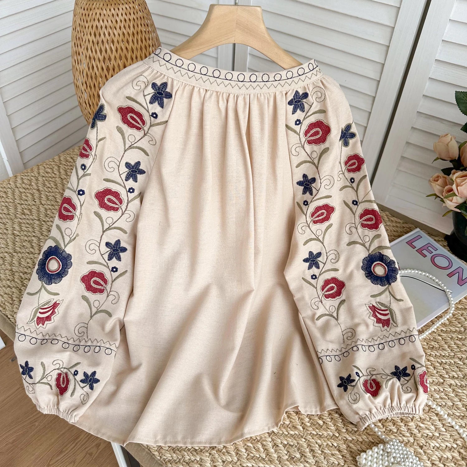 Lantern Sleeve Blouse with Sweet Floral Embroidery