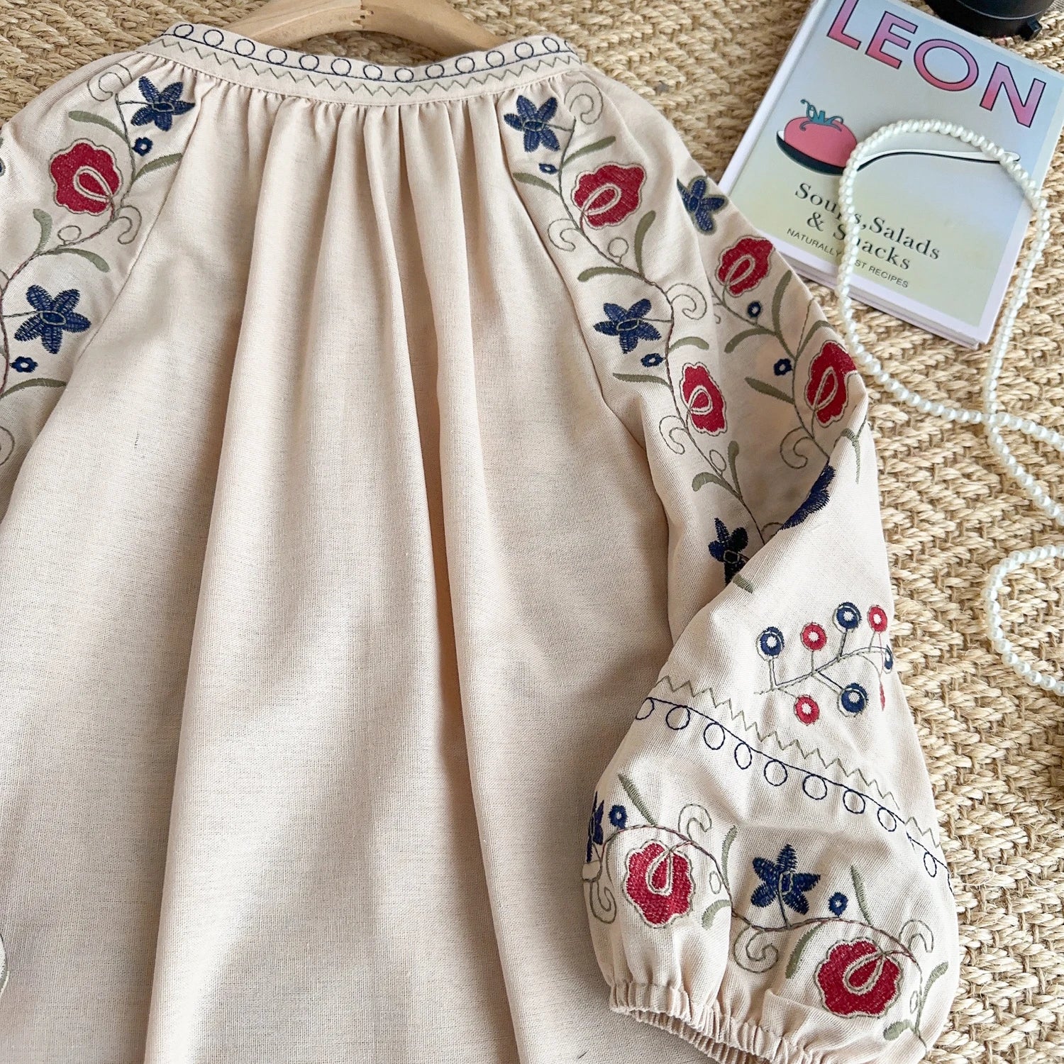 Lantern Sleeve Blouse with Sweet Floral Embroidery