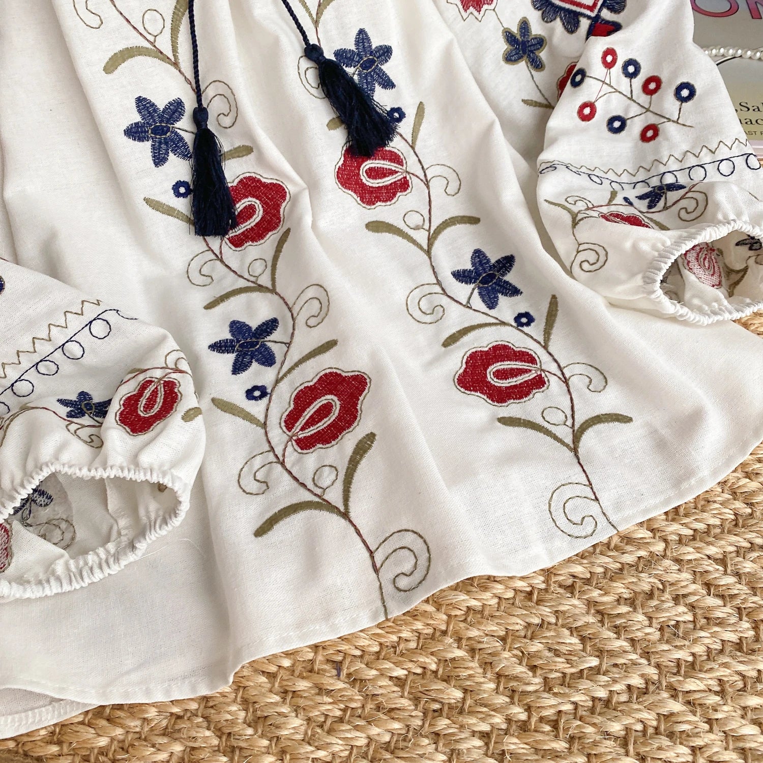 Lantern Sleeve Blouse with Sweet Floral Embroidery