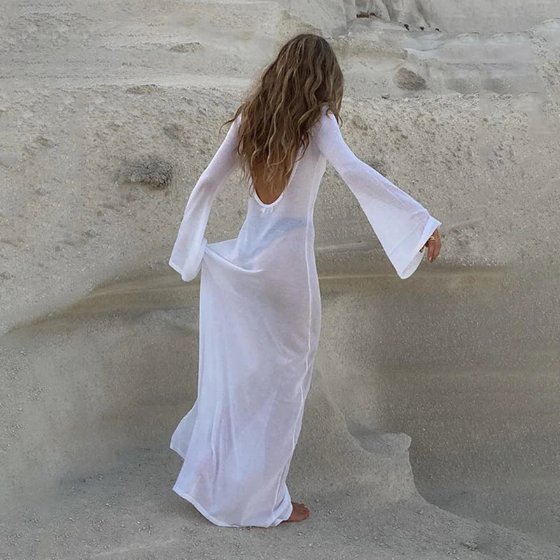 Luna Witte Gebreide Strandjurk met Lange Mouwen