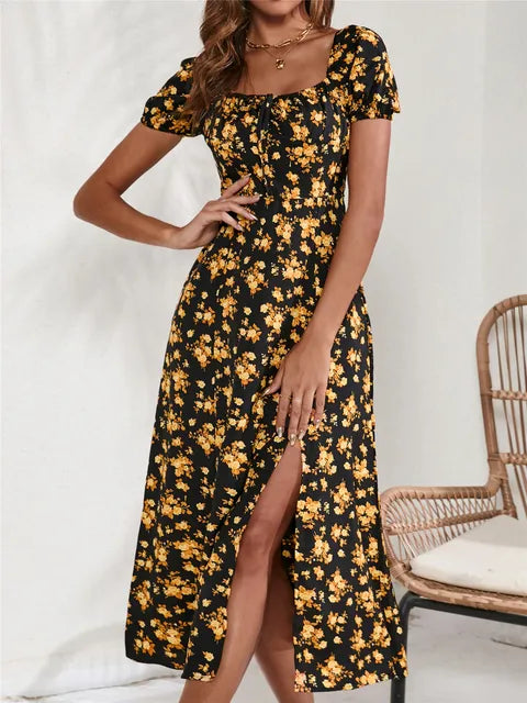 Zomerse Lange Bloemenprint Jurk met Zijdelingse Split