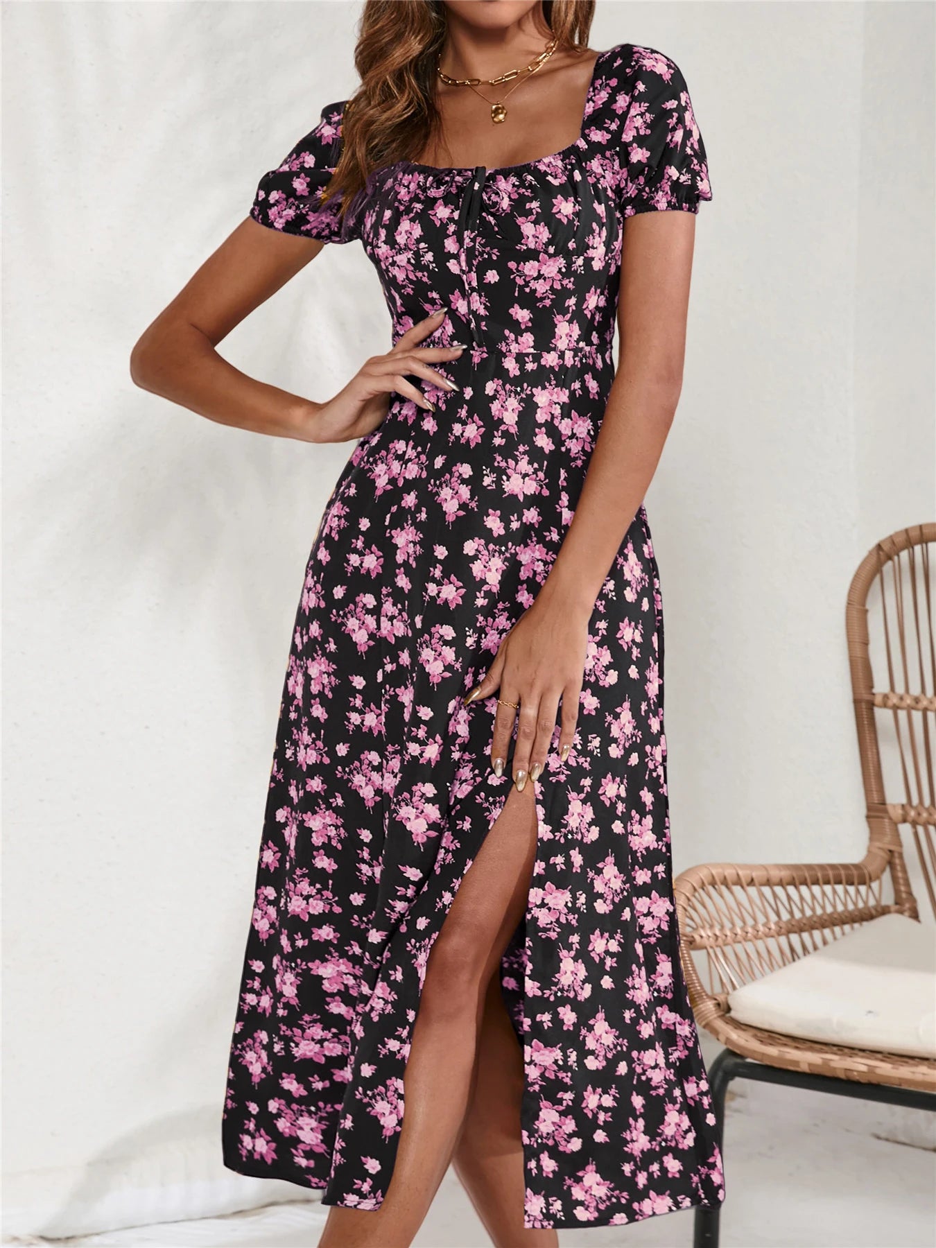 Zomerse Lange Bloemenprint Jurk met Zijdelingse Split