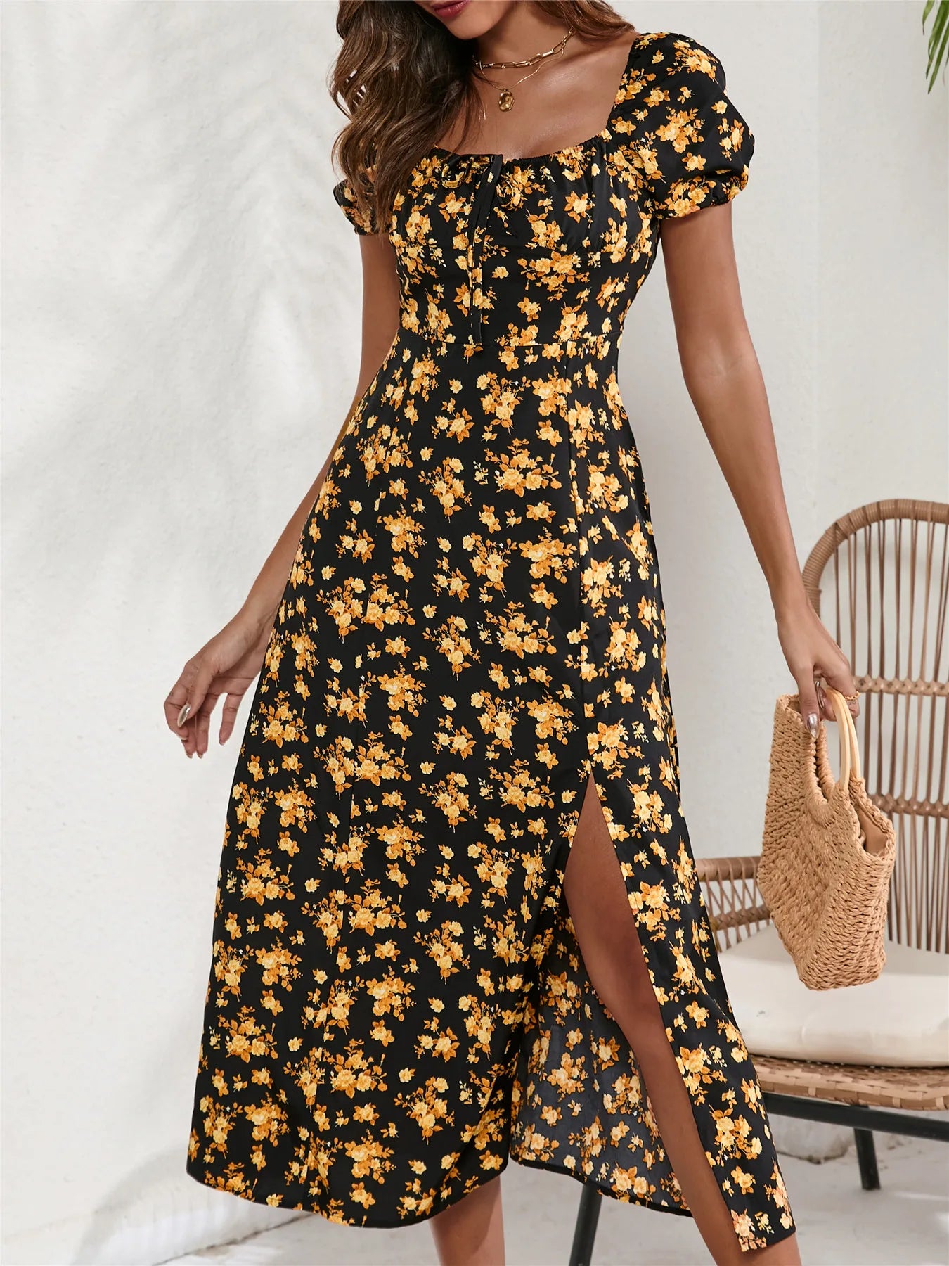 Zomerse Lange Bloemenprint Jurk met Zijdelingse Split