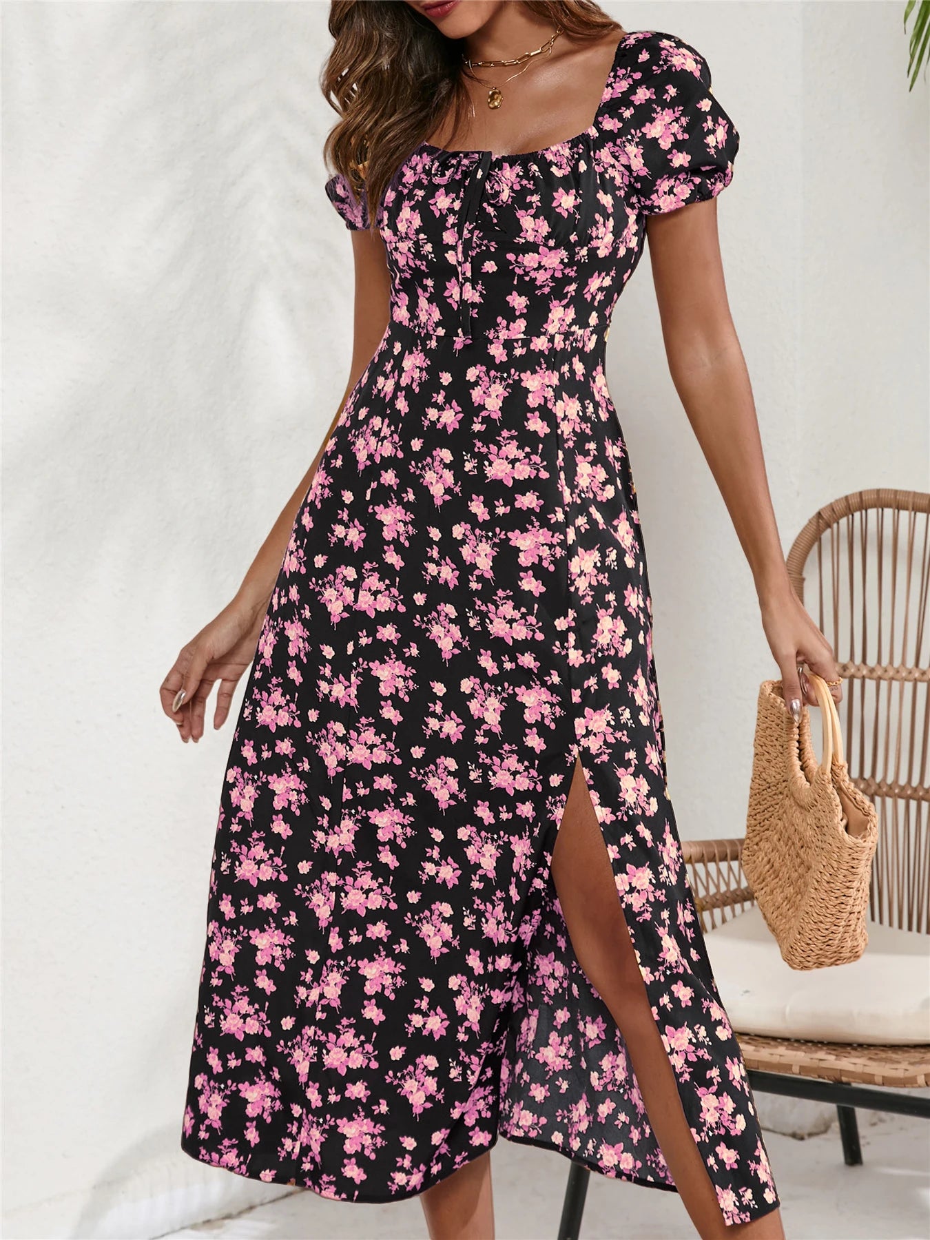 Zomerse Lange Bloemenprint Jurk met Zijdelingse Split