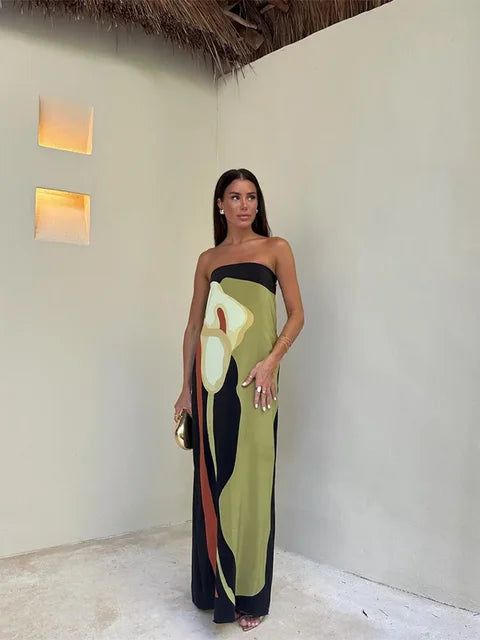 Elegante Strapless Maxi Jurk met Gedrukte Print