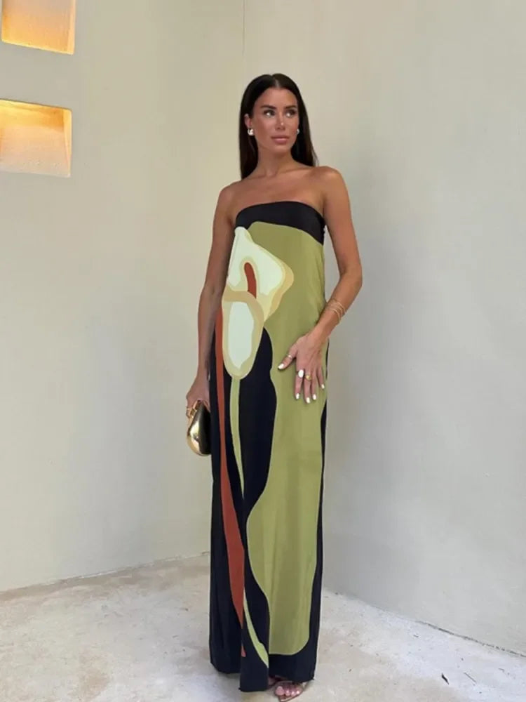 Elegante Strapless Maxi Jurk met Gedrukte Print