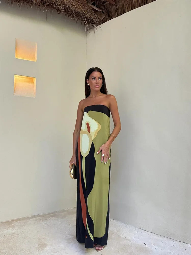 Elegante Strapless Maxi Jurk met Gedrukte Print